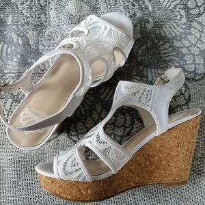 White lace fergalicious cork wedge heels